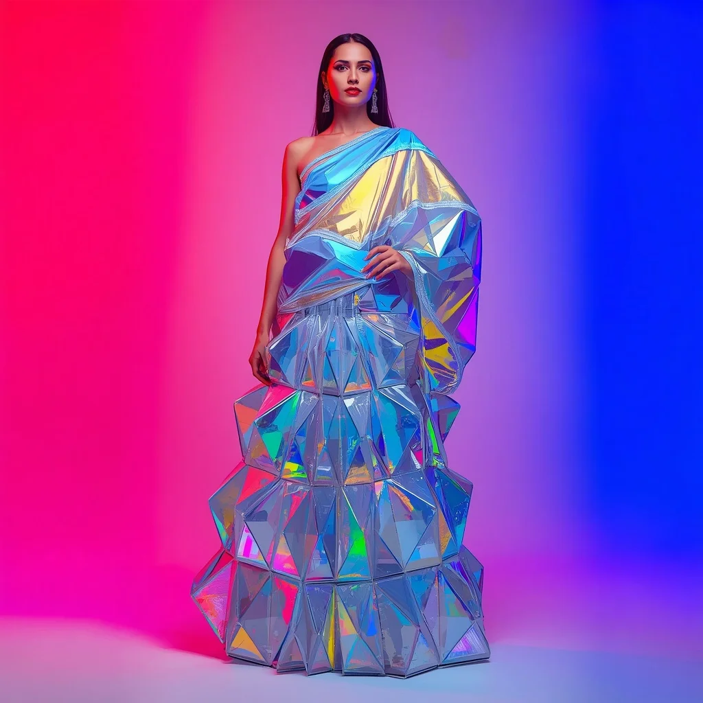 3D Holographic Polycarbonate Armor Saree with Geometric Prism Sections | Gemini Ai Prompt Copy Paste AI Prompt