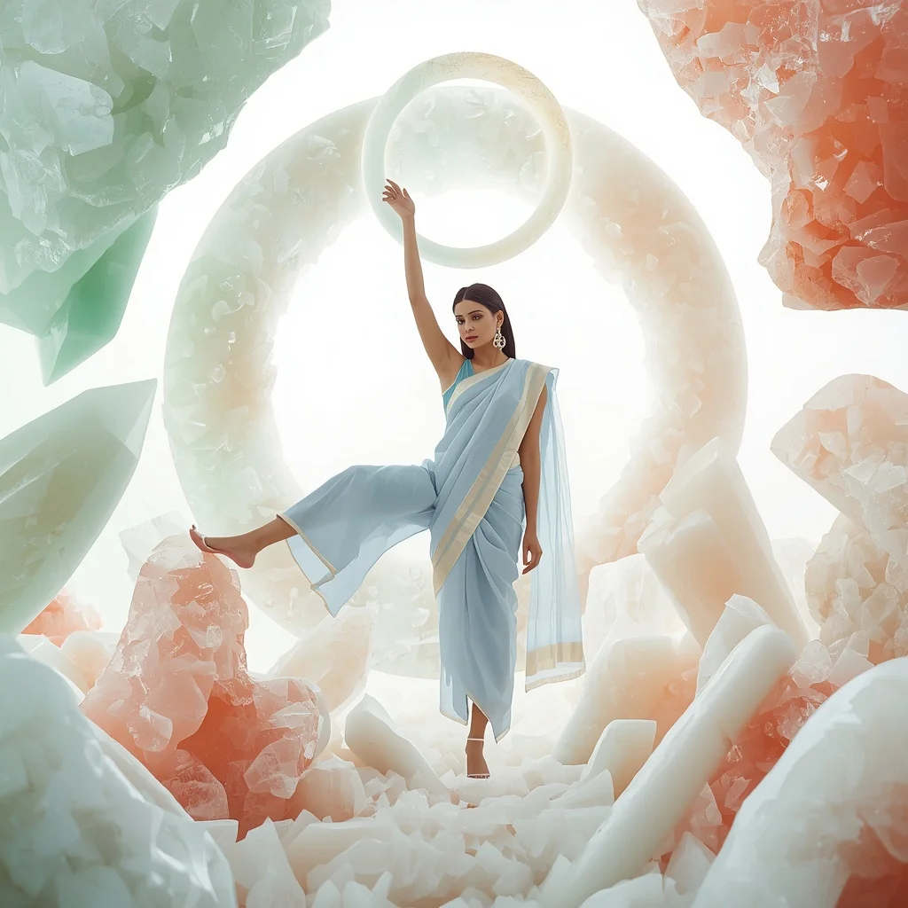 Acoustic-Levitated Pastel Jade Geodes | Saree Photoshoot Prompt Ultra Realistic AI Prompt