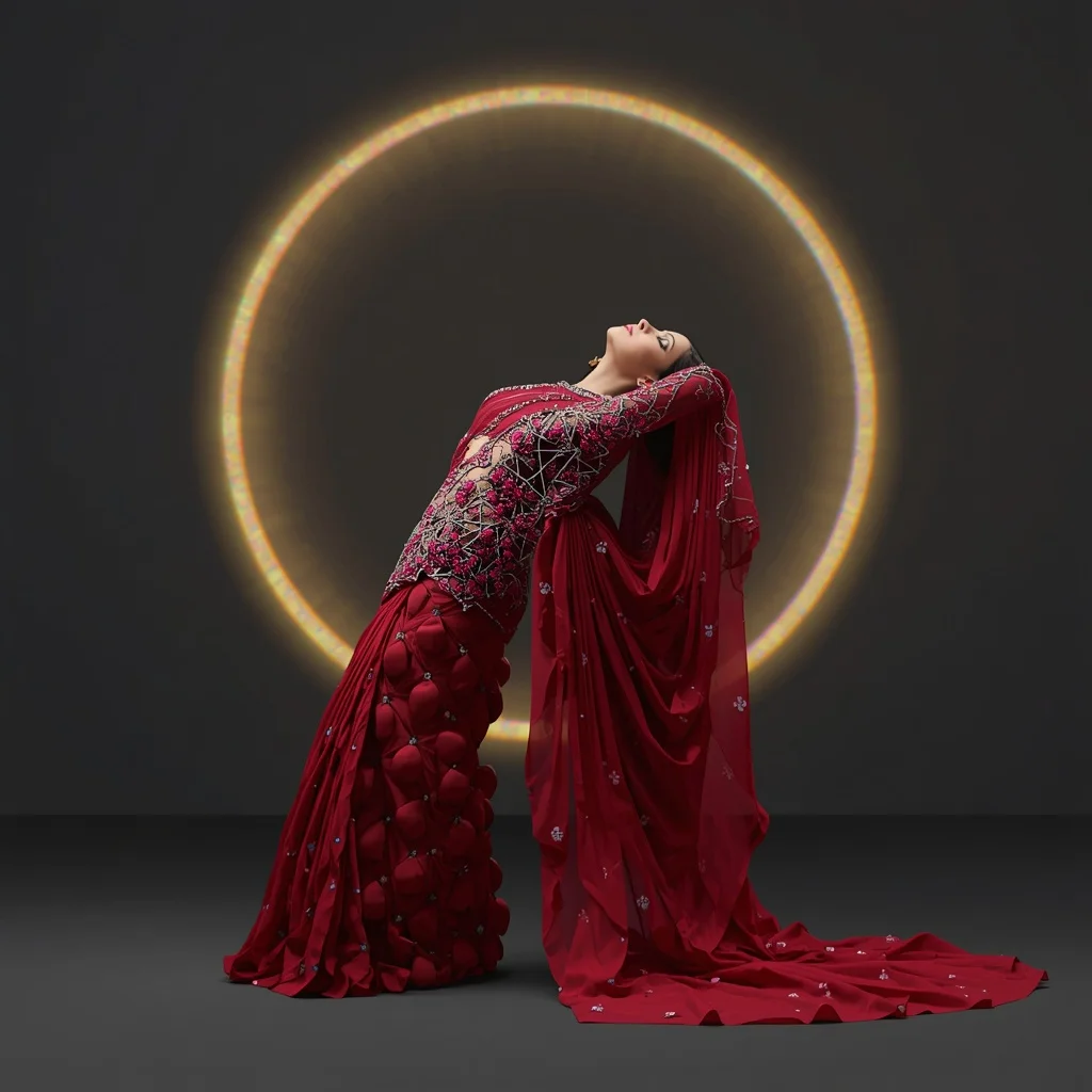 Advanced 3D Platinum Geometric Lattice & Ruby Drops Saree | Saree Prompt Generator AI Prompt