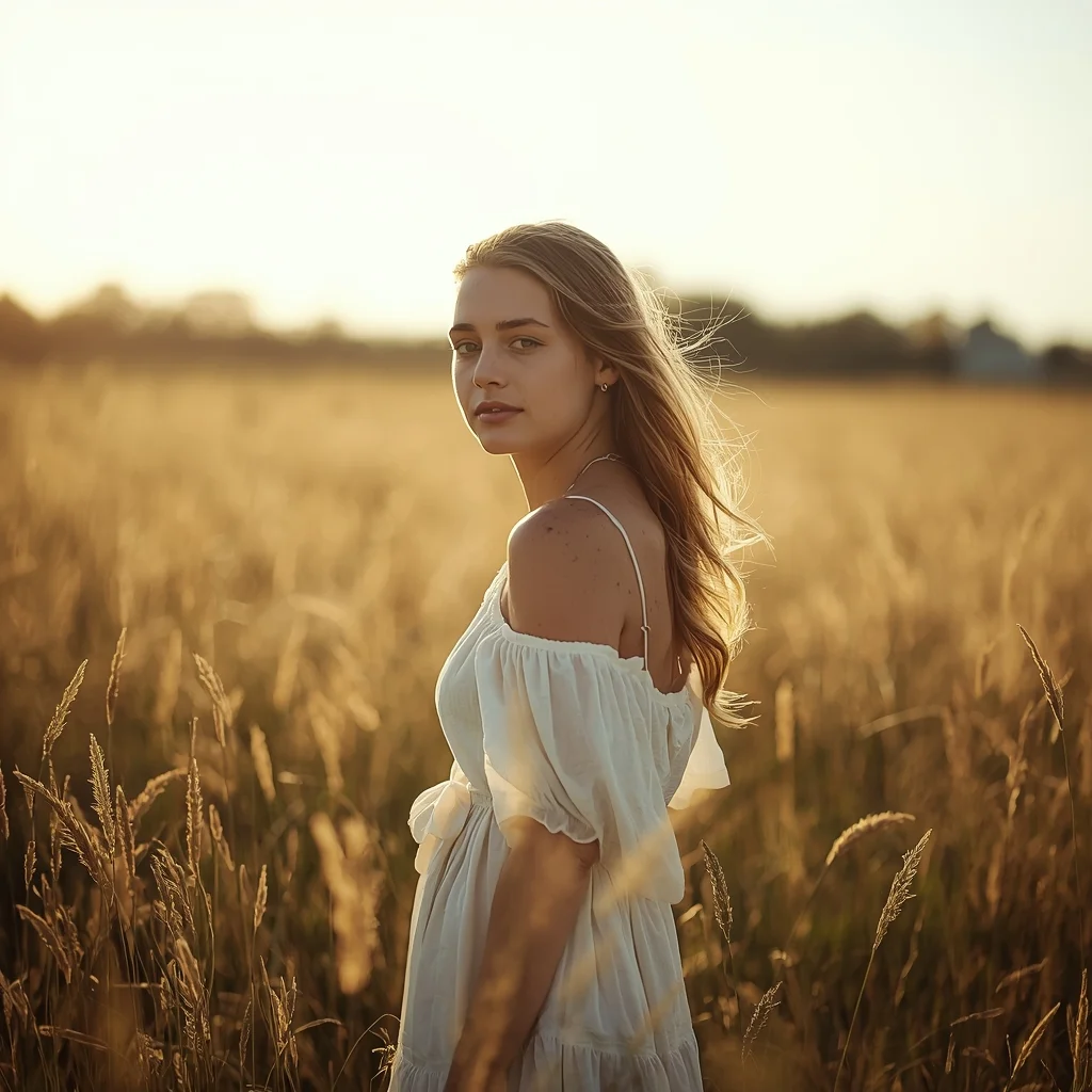 Aesthetic Boho Girl in Sunlit Field with Soft Vintage Tone | Flux Ai Prompt AI Prompt