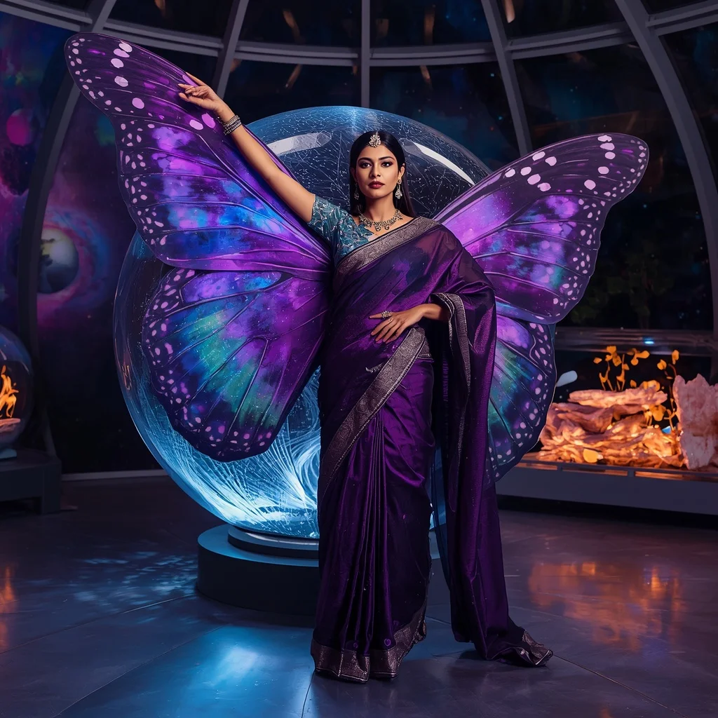 Amethyst Nebula Butterfly Saree with Cosmic Observatory Background | Beautiful Woman Ai Prompt AI Prompt