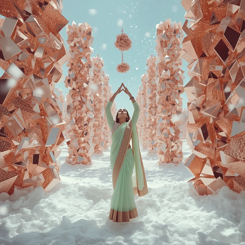 Anti-Gravity Rose-Gold Snow Mosaics | Saree Aesthetic Ai Prompt For Pinterest AI Prompt