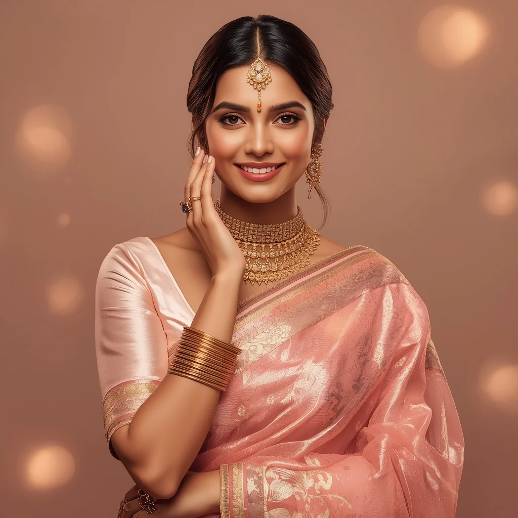 Blush Champagne Pastel Saree Indian Woman Portrait | Prompt For Girl In Saree Pic In English AI Prompt