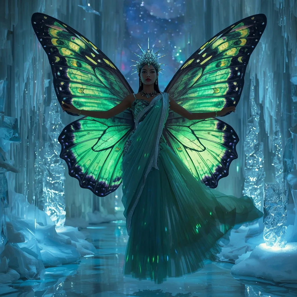 Butterfly Aurora Queen Saree – Giant Northern Light Wings with Floating Royal Pose | Viral Ai Image Prompt AI Prompt