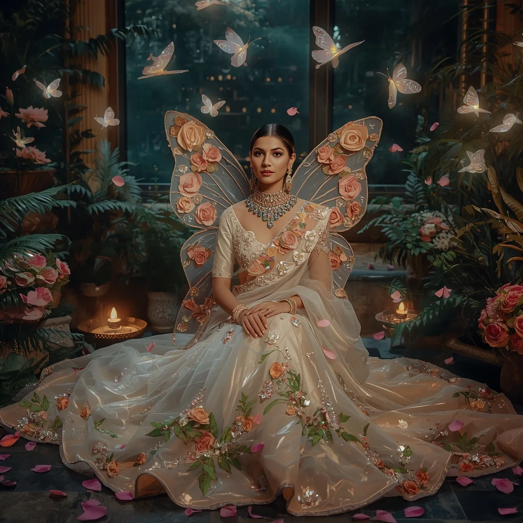 Butterfly Crystal Garden Saree – Floral Wing Couture with Butterfly Sitting Pose | Creative Ai Prompt AI Prompt