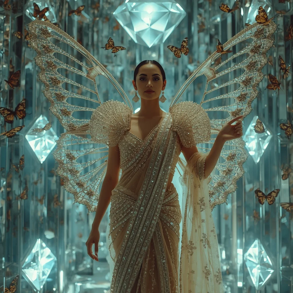 Butterfly Diamond Cage Saree – Luxury Crystal Couture with Captive Glam Pose | Gemini Ai Prompt Copy Paste AI Prompt