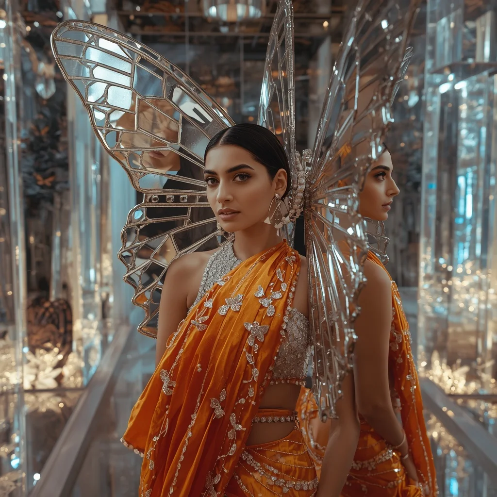Butterfly Mirror Palace Saree – Reflective Crystal Couture with Twin Reflection Pose | Gemini Prompt AI Prompt