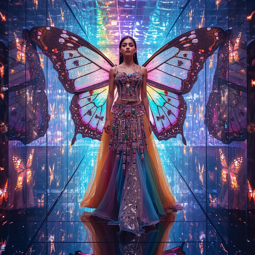 Butterfly Prism Tunnel Saree – Infinite Rainbow Couture with Tunnel Walk Pose | Desi Girl Ai Prompt AI Prompt