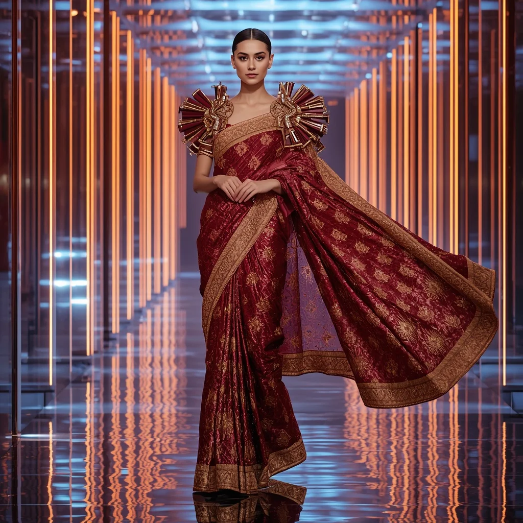 Celestial Mirrorwork Flame Saree with Floating Prism Corridor | Gemini Saree Prompt For Instagram AI Prompt
