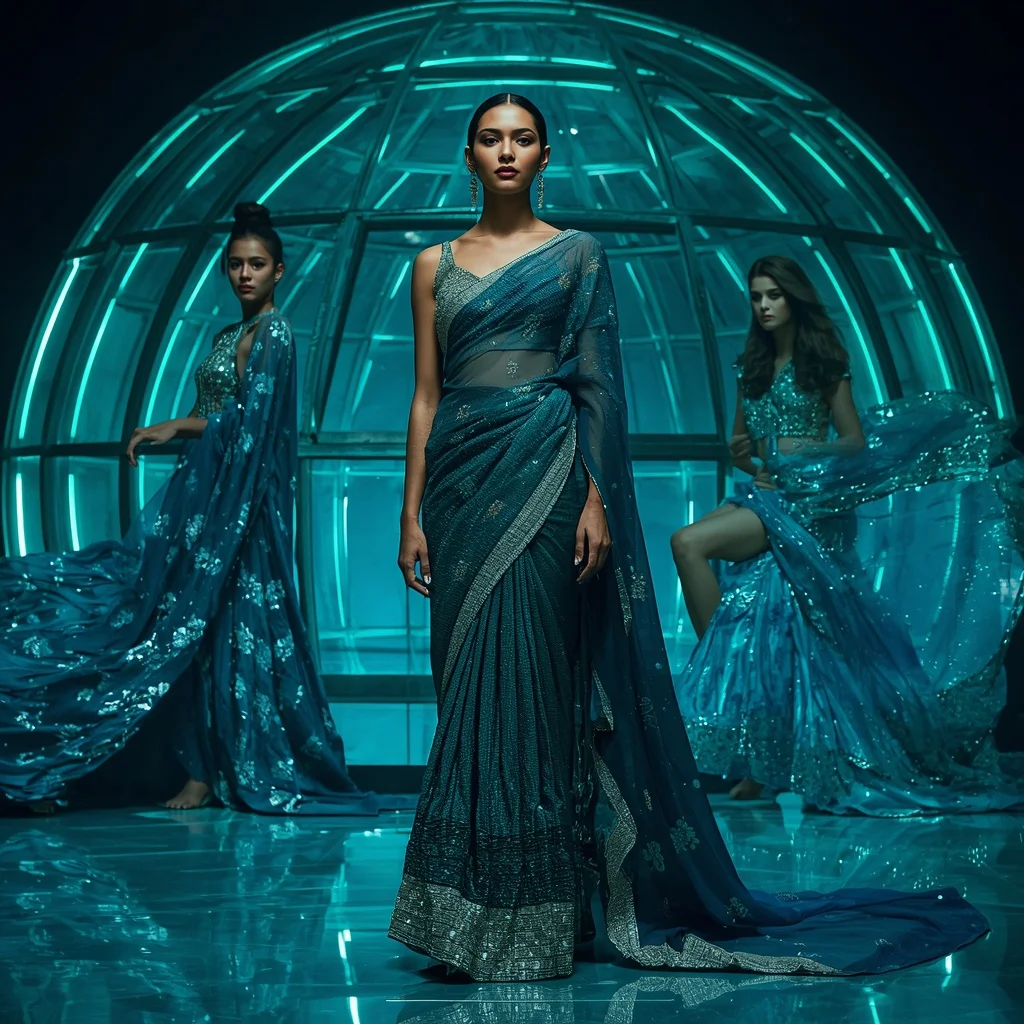 Celestial Ocean Mirage Saree with Infinite Glass Dome | Character Design Ai Prompt