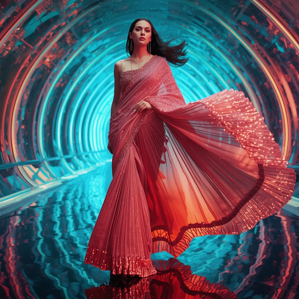 Celestial Prism Flame Saree with Futuristic Aurora Palace | Character Design Ai Prompt AI Prompt