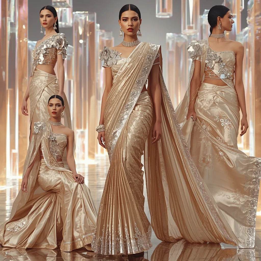 Champagne Crystal Symphony Saree with Floating Prism Bridges | Gemini Ai Prompt