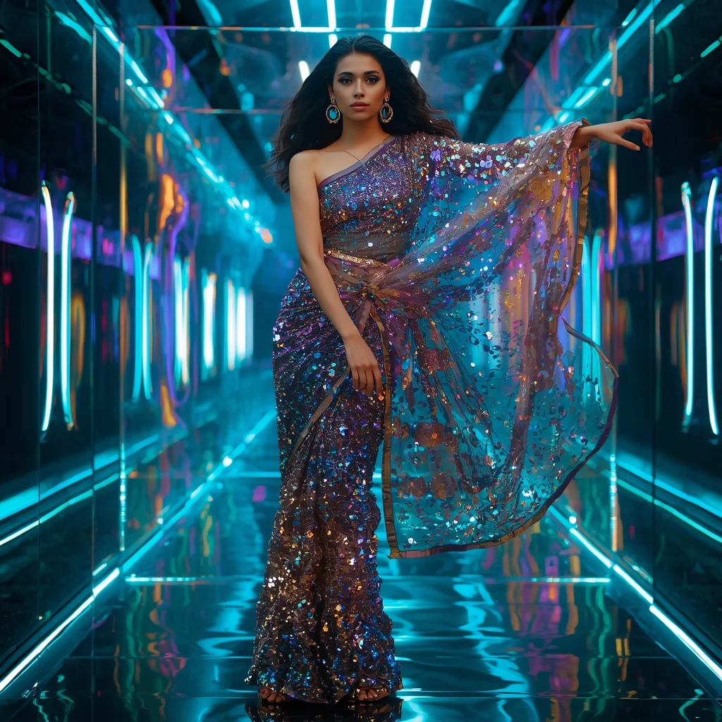 Cosmic Aurora Liquid Saree with Prism Light Tunnel | Ultra Realistic Ai Prompt AI Prompt