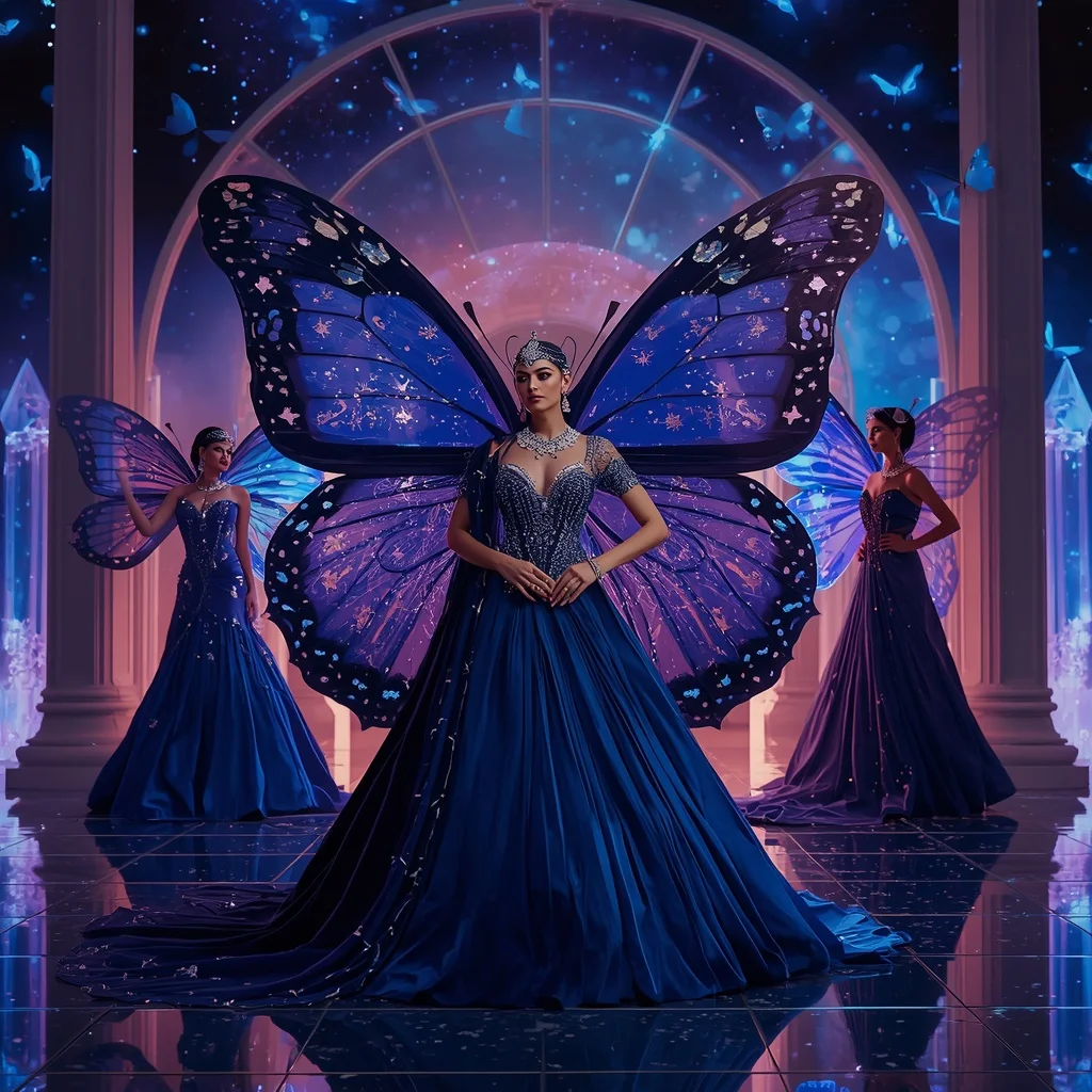Cosmic Sapphire Butterfly Throne Saree – Luxury Multi-Pose Galaxy Couture with Celestial Palace Background | Image To Prompt AI Prompt