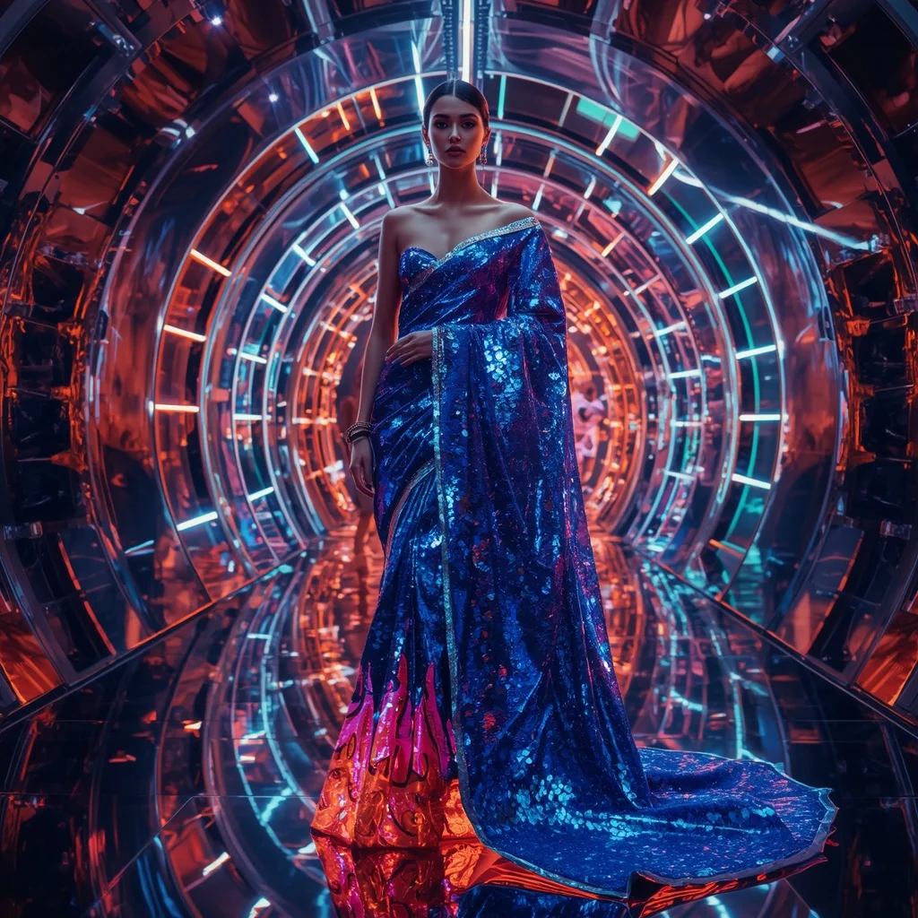 Cosmic Sapphire Inferno Saree with Reflective Fashion Clone Poses and Infinity Neon Crystal Prism Palace | Woman Pose Ai Prompt AI Prompt