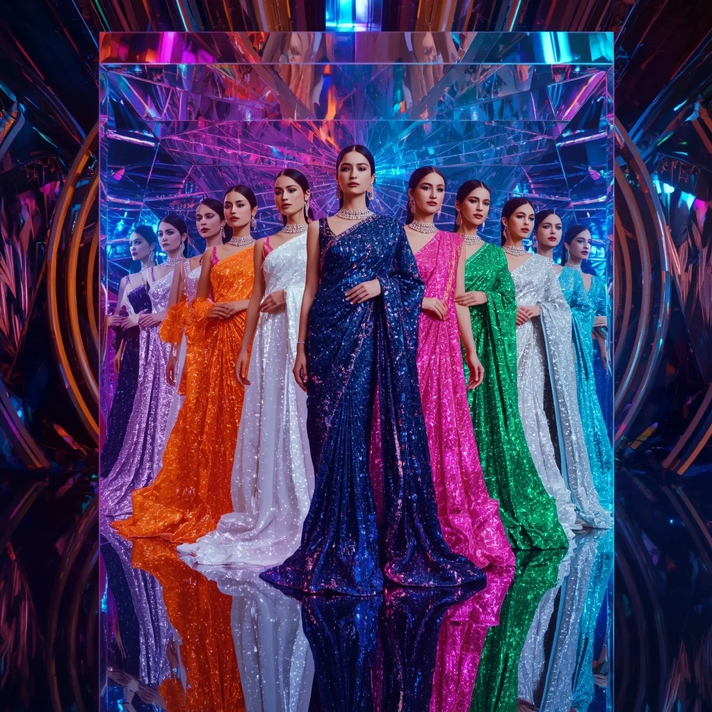 Cosmic Sapphire Inferno Saree with Reflective Fashion Clone Poses and Infinity Neon Prism Hypercube | Prompt Image AI Prompt