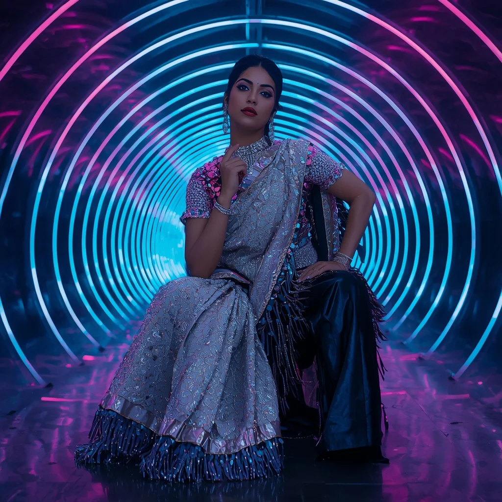 Crystal Armor Festive Saree with Neon Arc Tunnel | Gemini Saree Prompt For Woman AI Prompt