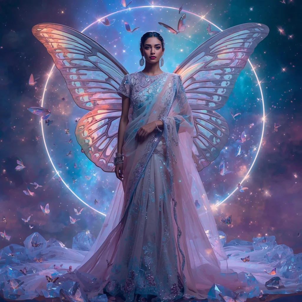Crystal Butterfly Mirage Gown Saree with Dream Galaxy Background | Profile Picture Ai Prompt AI Prompt