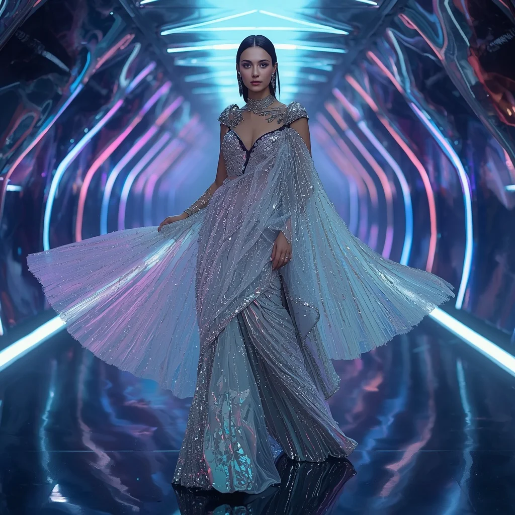 Crystal Comet Fantasy Saree with RGB Infinity Tunnel | Instagram Girl Gemini Prompt AI Prompt