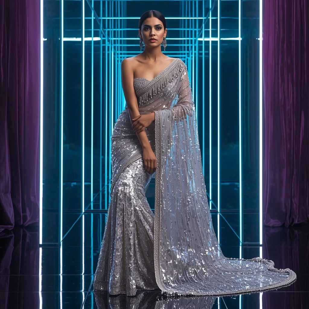 Crystal Rainfall Illusion Saree with Floating Mirror Hall | Midjourney Prompt List