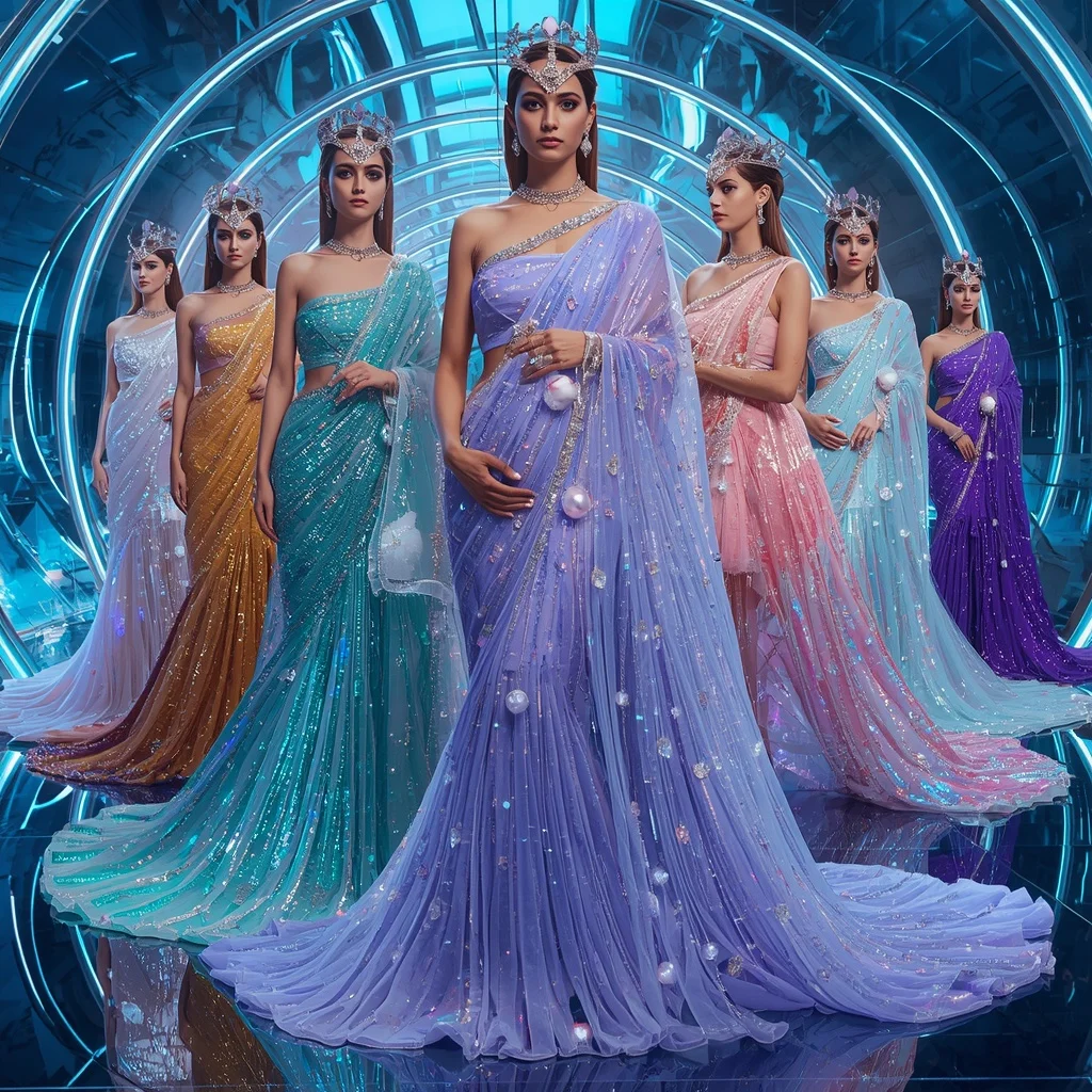 Crystal Waterfall Celestial Infinity Queen Saree with Cinematic Runway Poses and Neon Glass Infinity Hyperpalace | Attitude Ai Prompt AI Prompt