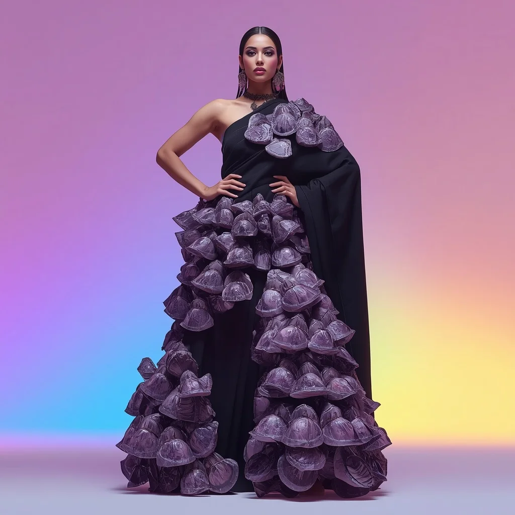 Dense Cowrie Shell and Raw Amethyst Geode Tribal Couture Saree Outfit | Ai Prompt Generator Free AI Prompt