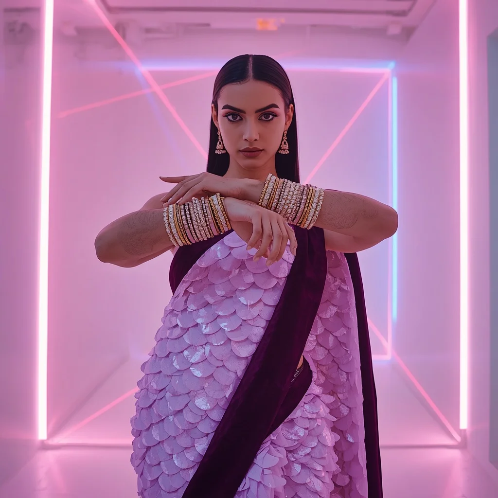 Dense Sequin Dragon Scale & Heavy Velvet Pastel Lilac Saree | Heavy Bangle Adjust Stare Pose | Bridal Saree Ai Prompt For Instagram Reel AI Prompt