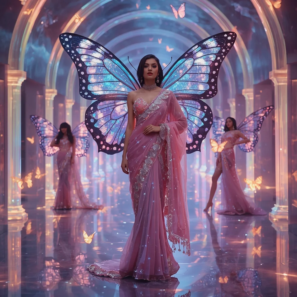 Diamond Aurora Butterfly Galaxy Saree – Futuristic Multi-Pose Couture with Celestial Fantasy Background | Creative Ai Prompt AI Prompt