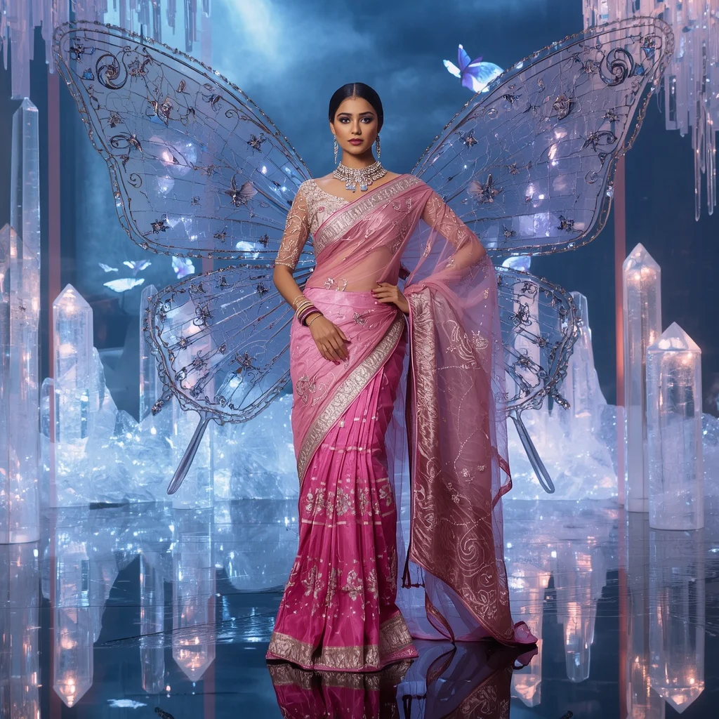 Diamond Butterfly Palace Saree with Floating Crystal Kingdom Background | Youtube Thumbnail Ai Prompt AI Prompt