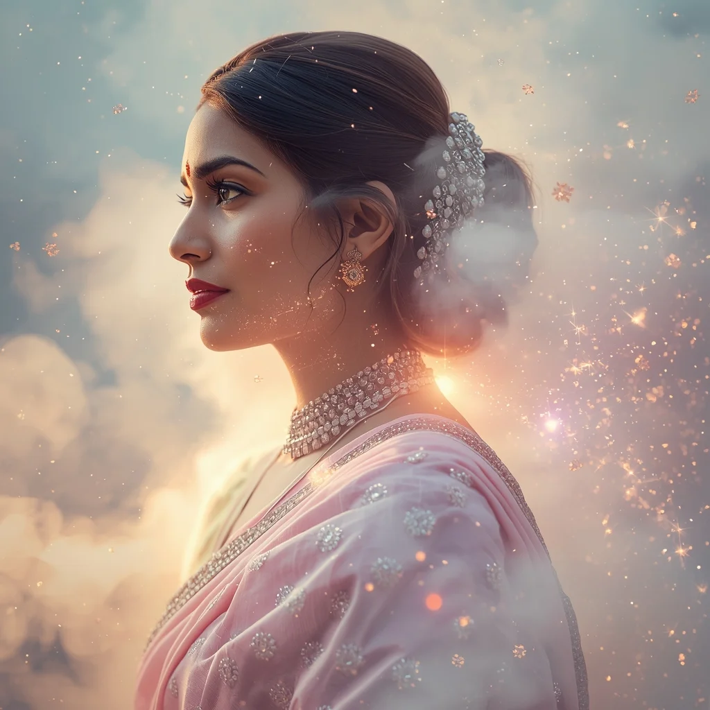 Diamond Dust Atmosphere Pastel Saree Image Prompt Luxury Sparkle Cinematic Collage Saree Prompt | Saree Whatsapp Dp Ai Prompt AI Prompt