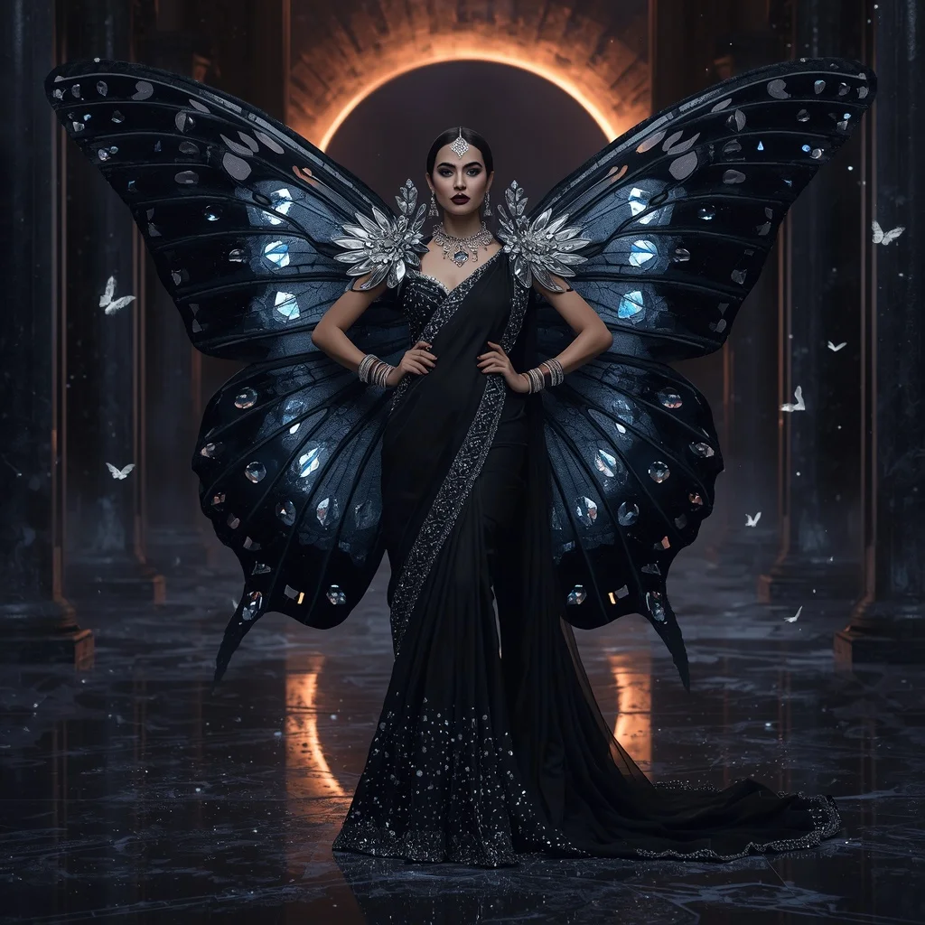 Diamond Eclipse Butterfly Saree – Ultra Royal Black Crystal Couture with Celestial Eclipse Background | Cute Ai Prompt AI Prompt