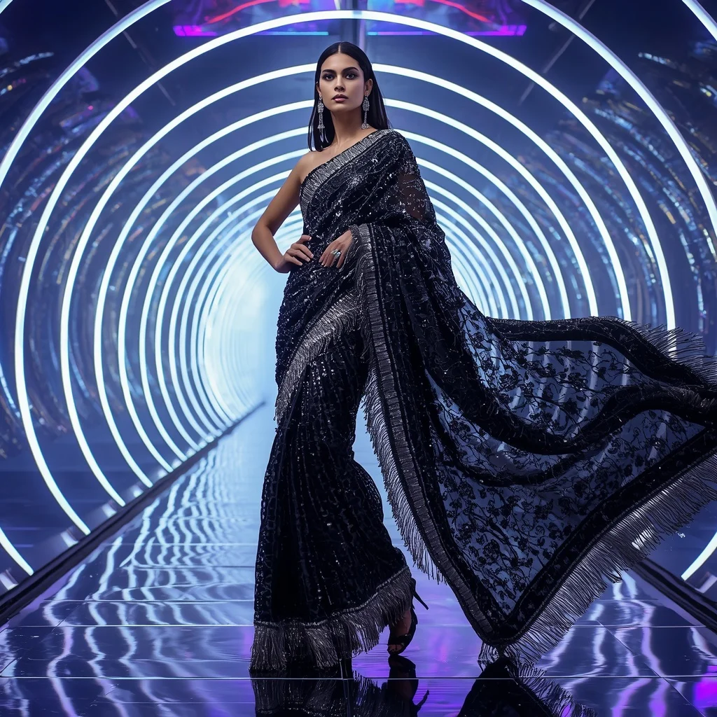 Diamond Eclipse Couture Saree with Infinite Light Tunnel | Happy Ai Prompt