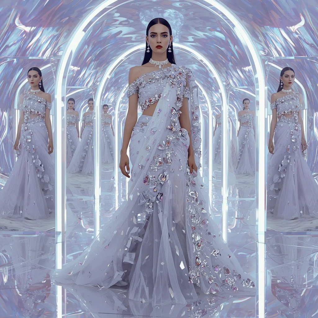 Diamond Ice Eternal Saree with Thirty Fashion Poses and Holographic Aurora Universe | Beautiful Woman Ai Prompt AI Prompt