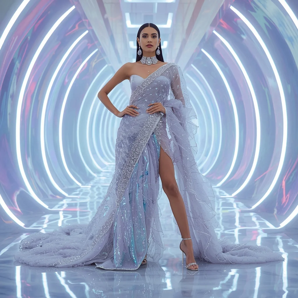 Diamond Ice Galaxy Saree with Sixteen Fashion Poses and Holographic Aurora Empire | Copy Paste Ai Prompt AI Prompt