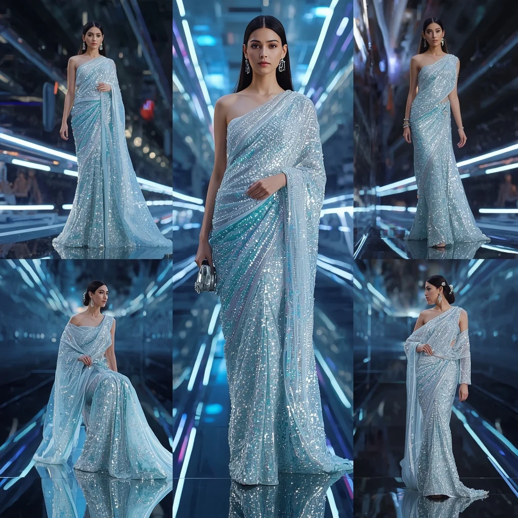 Diamond Pulse Couture Saree with Infinity Reflection Skybridge | Gemini Ai Prompt Saree Copy Paste