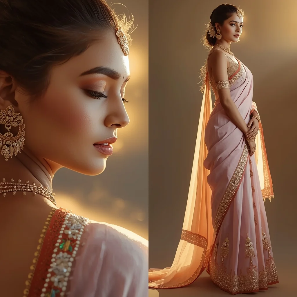 Divine Golden Rimlight Saree Prompt with Ethereal Edge Glow and Premium Depth Layers | Indian Bride Saree Ai Prompt AI Prompt