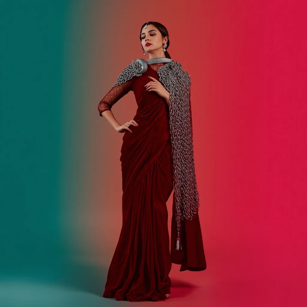 Dramatic Festival Saree: Crimson Velvet with 3D Silver Chainmail Shoulder Armor | Prompt Ai AI Prompt
