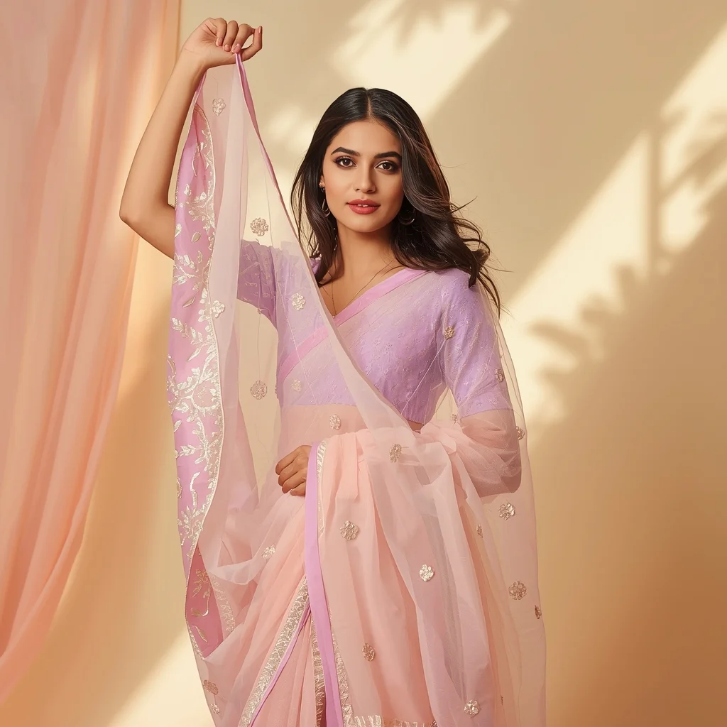 Dreamy Pastel Saree Girl Elegant Dupatta Lift Pose | Viral Pinterest Indian Ethnic Photoshoot Prompt | Saree Prompt For Women AI Prompt