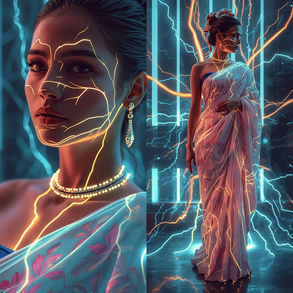 Electric Light Vein Energy Saree Collage | Power Glow Prompt | Saree Prompt Text To Image AI Prompt