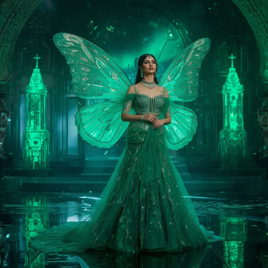 Emerald Aurora Butterfly Royale Saree – Giant Green Prism Couture with Fantasy Aurora Castle Background | Grok Ai Prompt AI Prompt