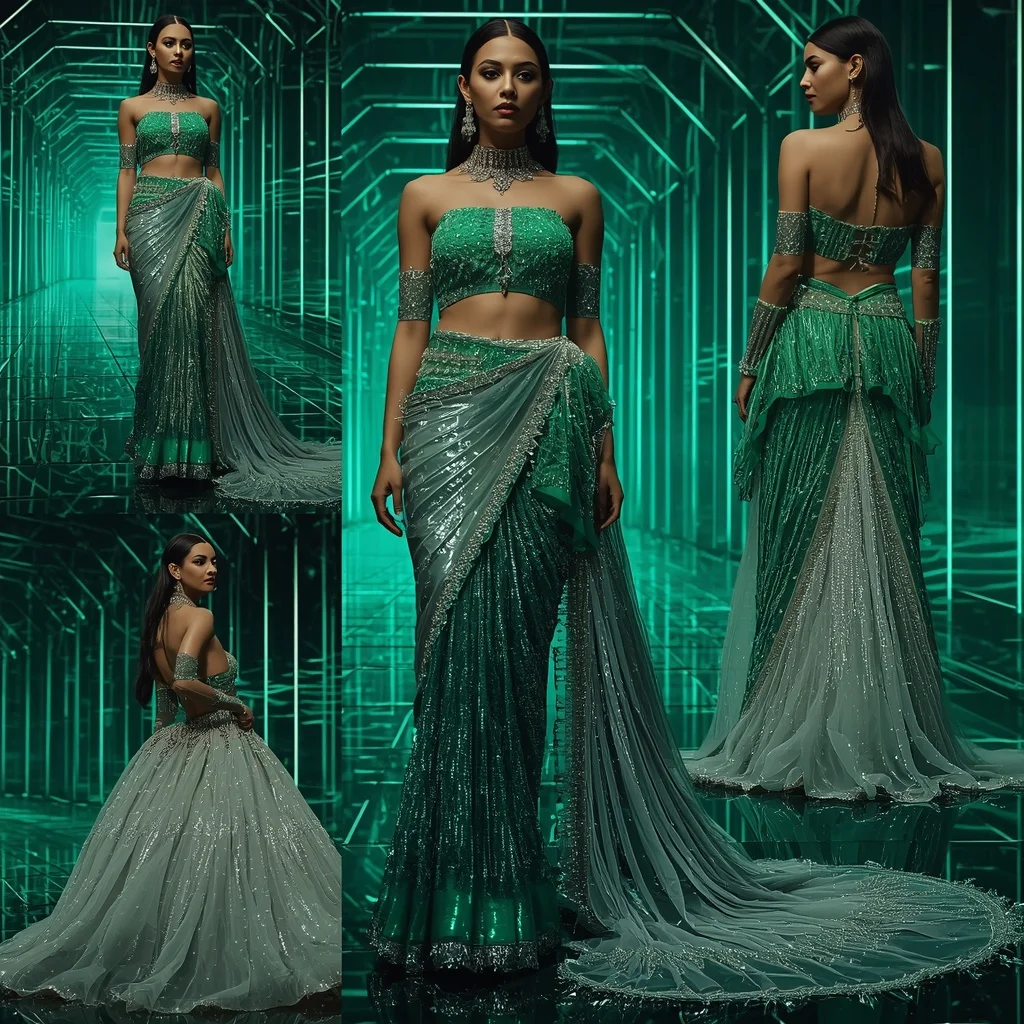 Emerald Aurora Majesty Saree with Infinite Prism Tunnel | Ai Gemini Photo Prompt