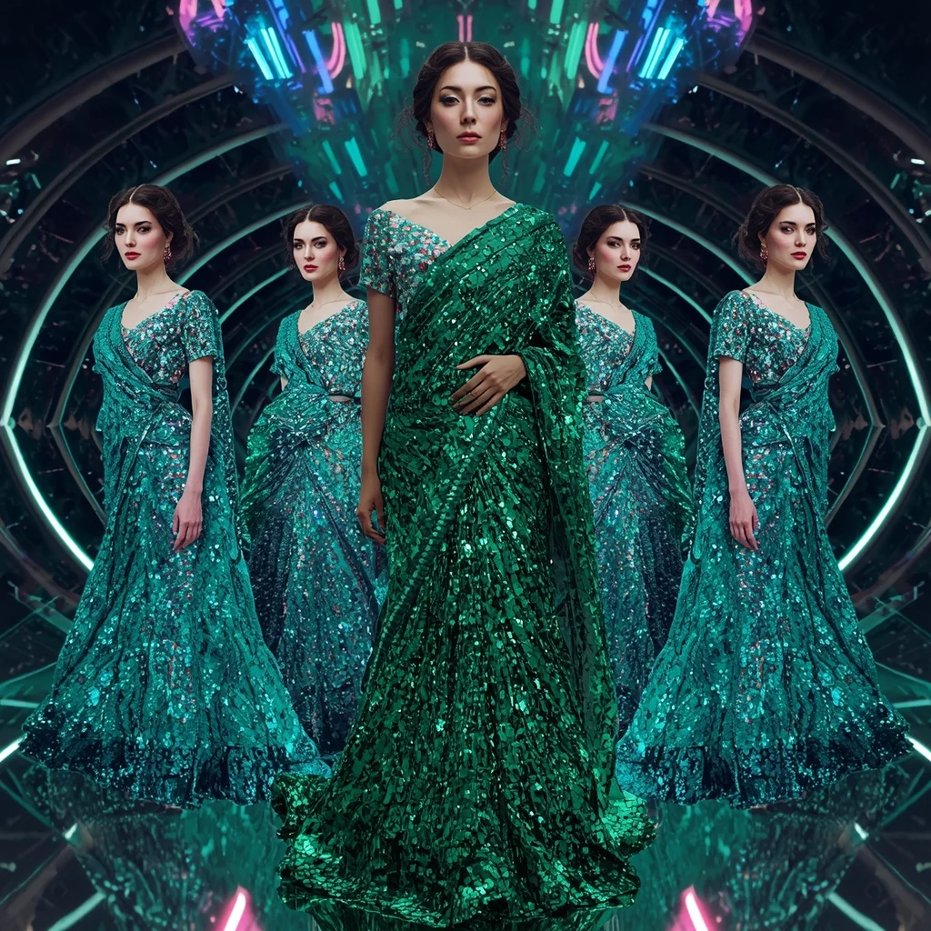 Emerald Cosmic Lightning Saree with Floating Runway Motions and Neon Reflection Prism Orbit Hyperverse | Ai Prompt For Social Media AI Prompt