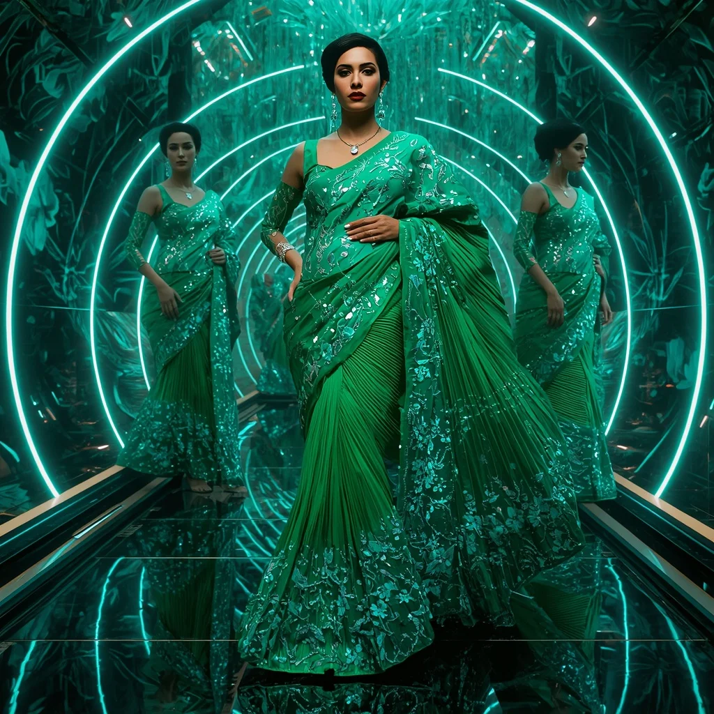 Emerald Cyber Lotus Saree with Floating Laser Temple | Beautiful Saree Girl Ai Prompt Cinematic AI Prompt