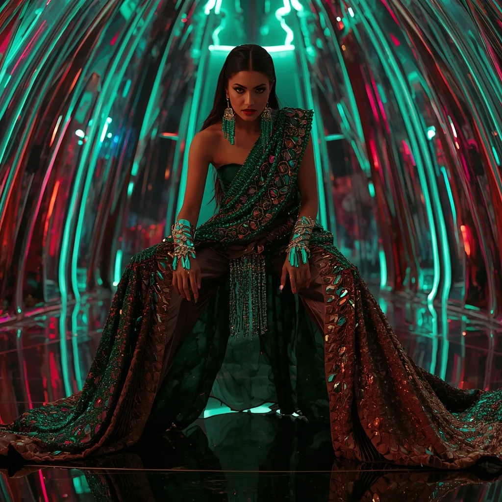 Emerald Firestorm Couture Saree with Neon Blade Dome | Ai Art Prompt AI Prompt