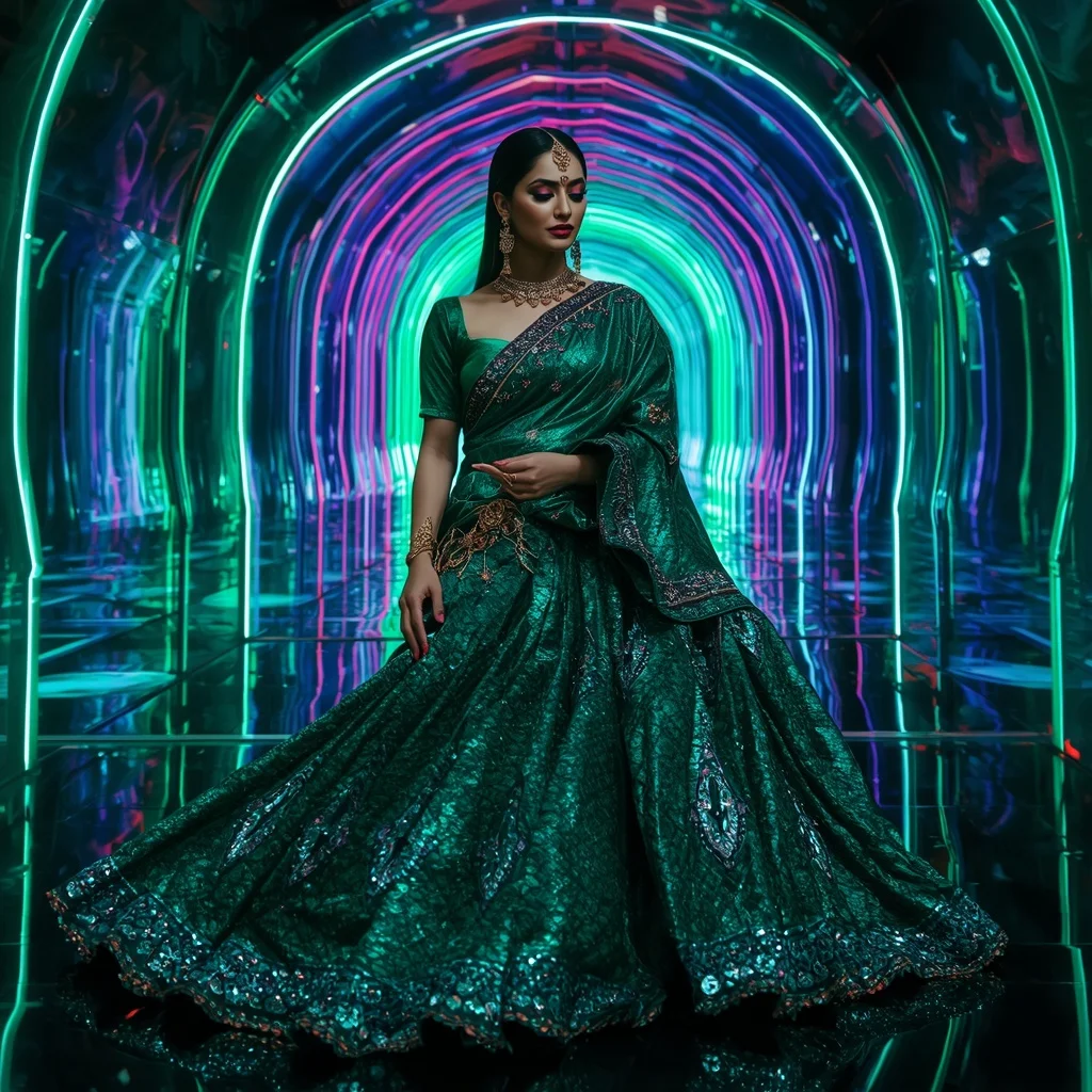 Emerald Galaxy Mirror Saree with RGB Prism Corridor | Stable Diffusion Prompt