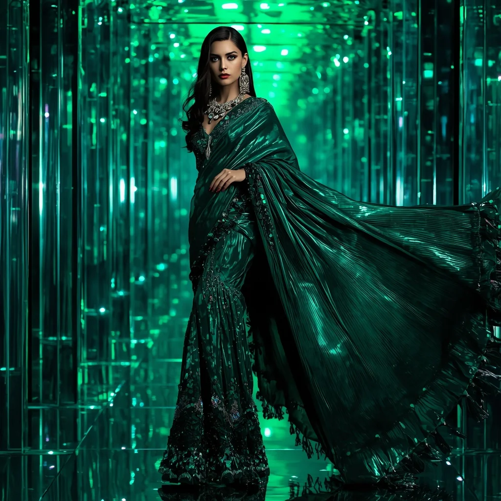 Emerald Nebula Metallic Saree with Floating LED Prism Corridor | Instagram Story Ai Prompt AI Prompt