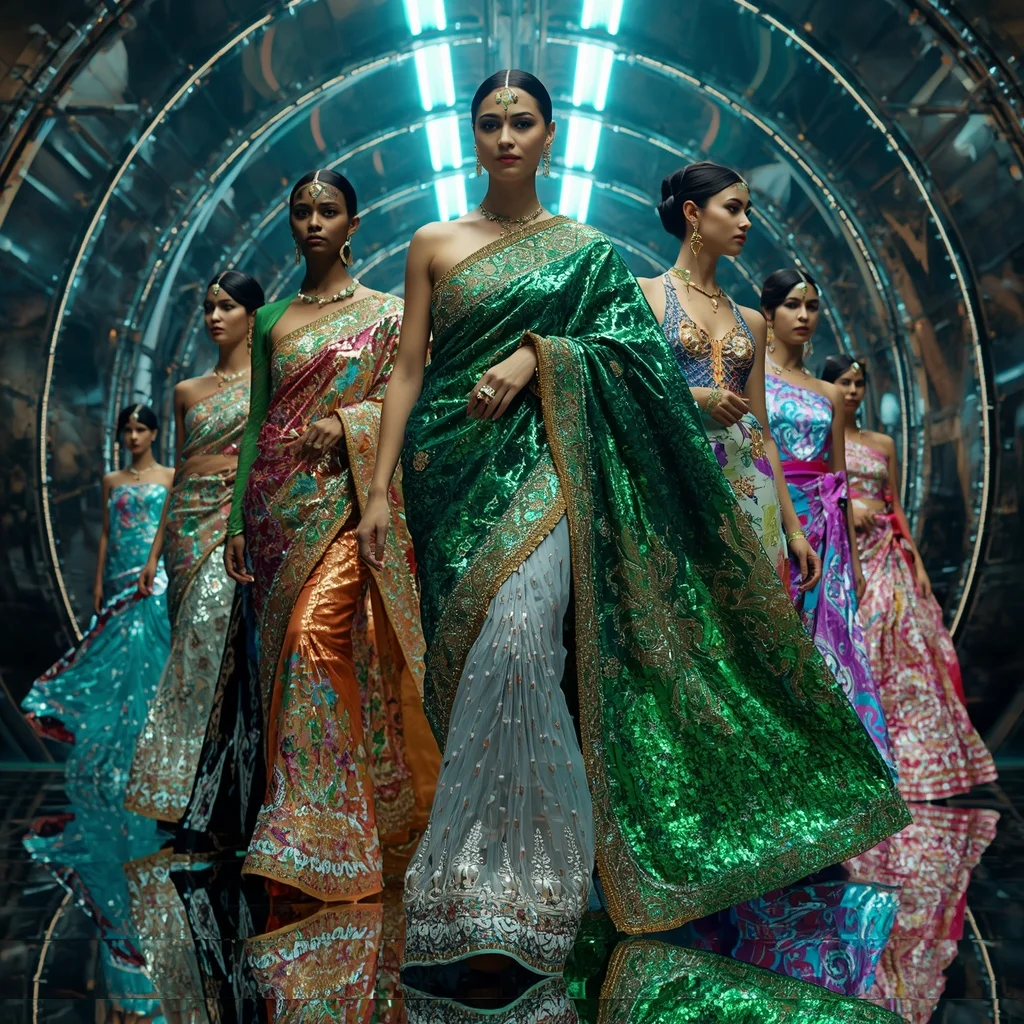 Emerald Thunder Celestial Infinity Hyperqueen Saree with Dynamic Fashion Poses and Neon Orbit Prism Galaxy Hyperverse | Instagram Highlight Cover Ai Prompt AI Prompt