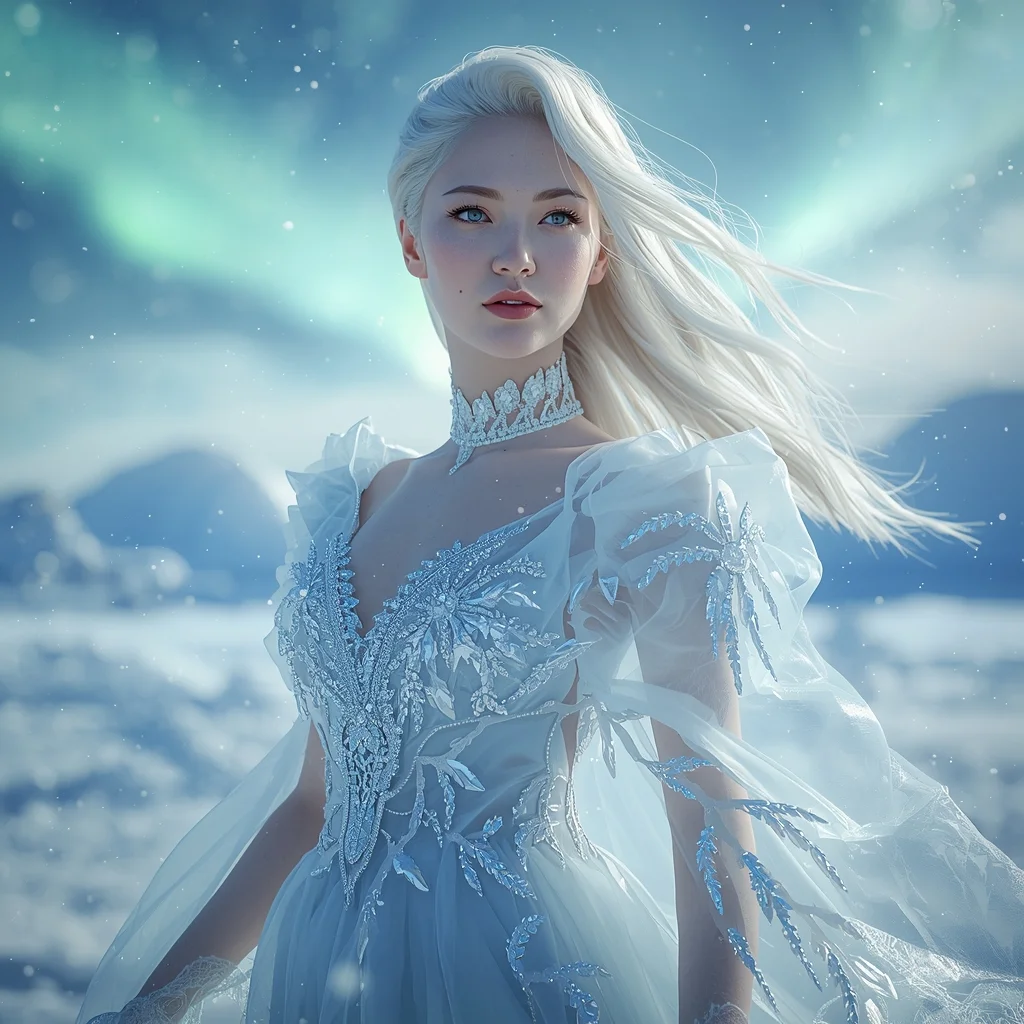 Ethereal Ice Queen in Frozen Fantasy Landscape | Prompt Engineering AI Prompt