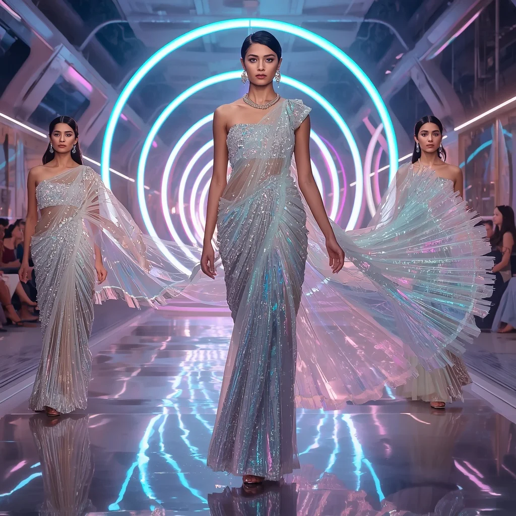 Ethereal Prism Festival Saree with Floating Aurora Rings | Saree Prompt For Women