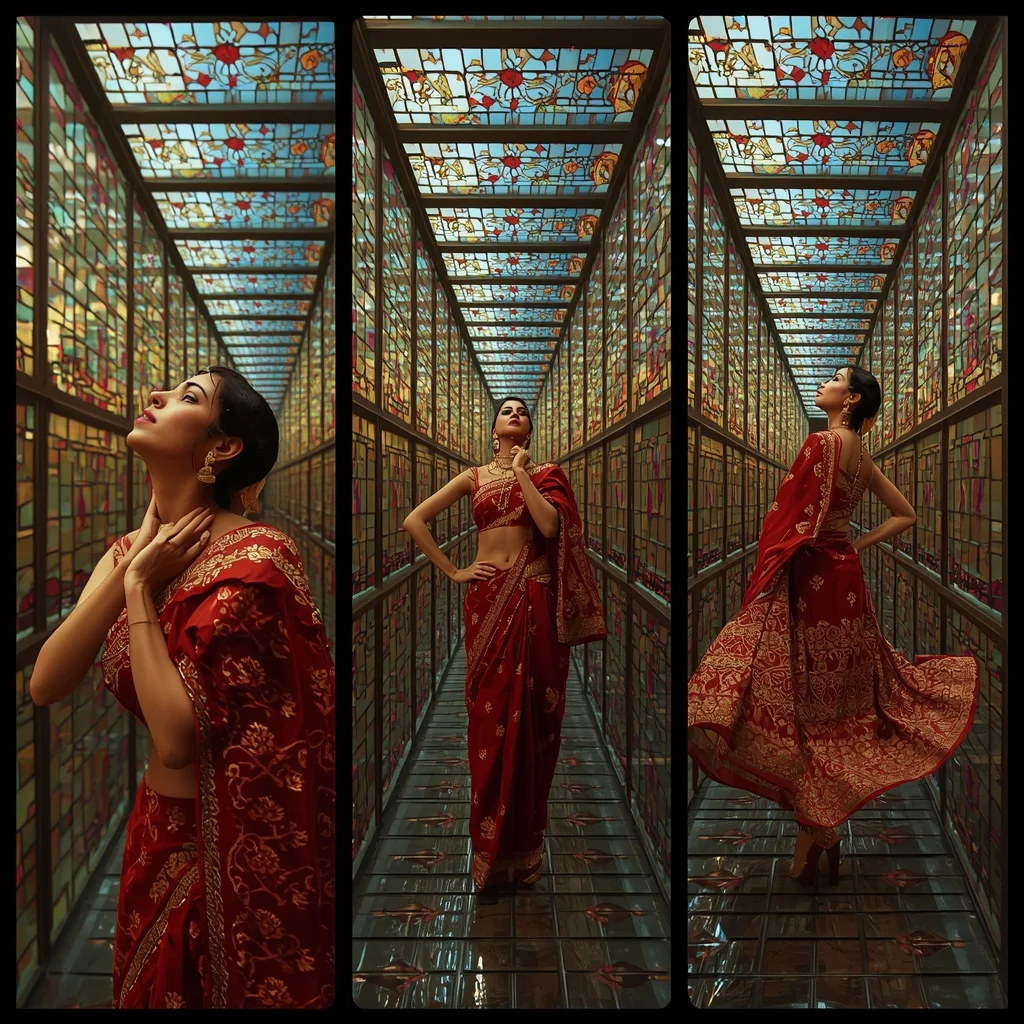 Fancy Festival Saree Tesseract Stained Glass Labyrinth Triptych Surreal | Saree Couple Ai Prompt AI Prompt